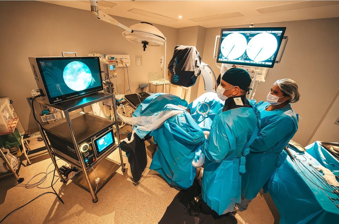 A torre de vídeo — a cirurgia acompanhada em tela — Dr. Jorge Barros, urologista em Manaus